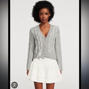 LoveShackFancy Heather Gray Cable Knit Sweater with white lace ribbon